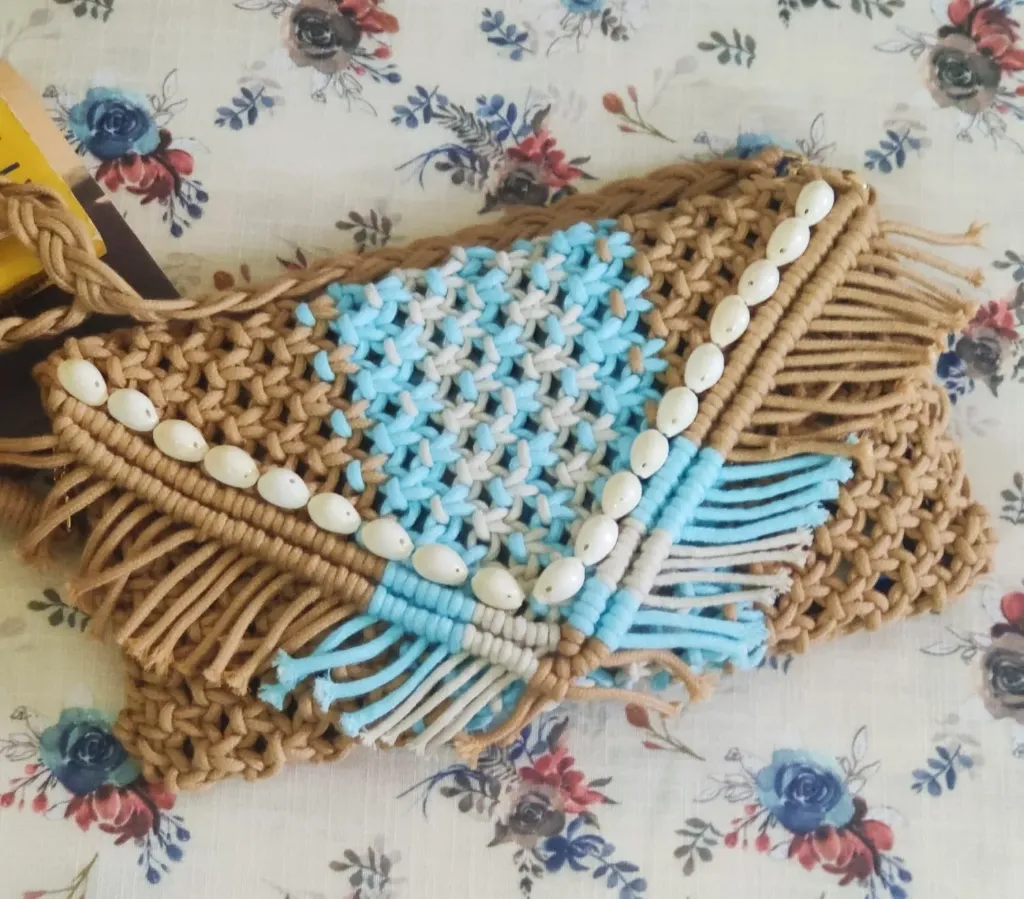Handmade Macramé Beaded Pouch – Brown, Blue & White