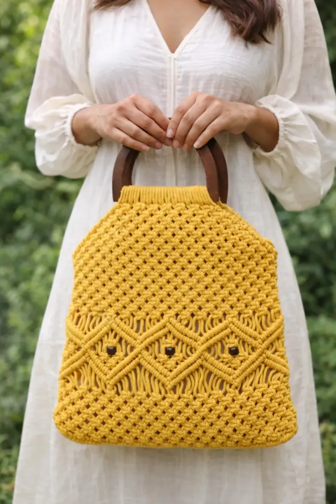 Handcrafted Yellow Macramé Handbag with Wooden Handles
