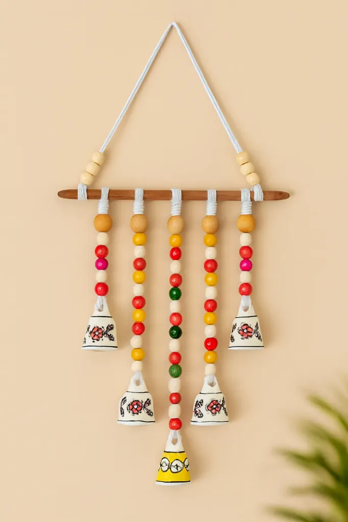 Handmade Beaded & Ceramic Bell Wall Hanging – Boho Home Décor