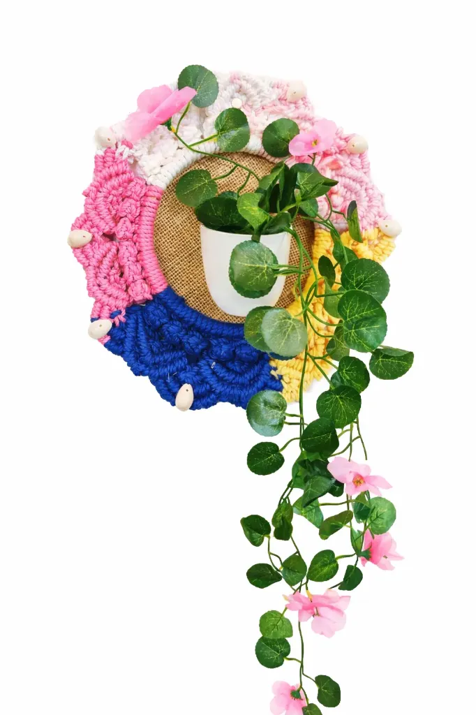 Boho Pink & Blue Macrame Wall Hanging with Faux Planter and Cascading Flowers