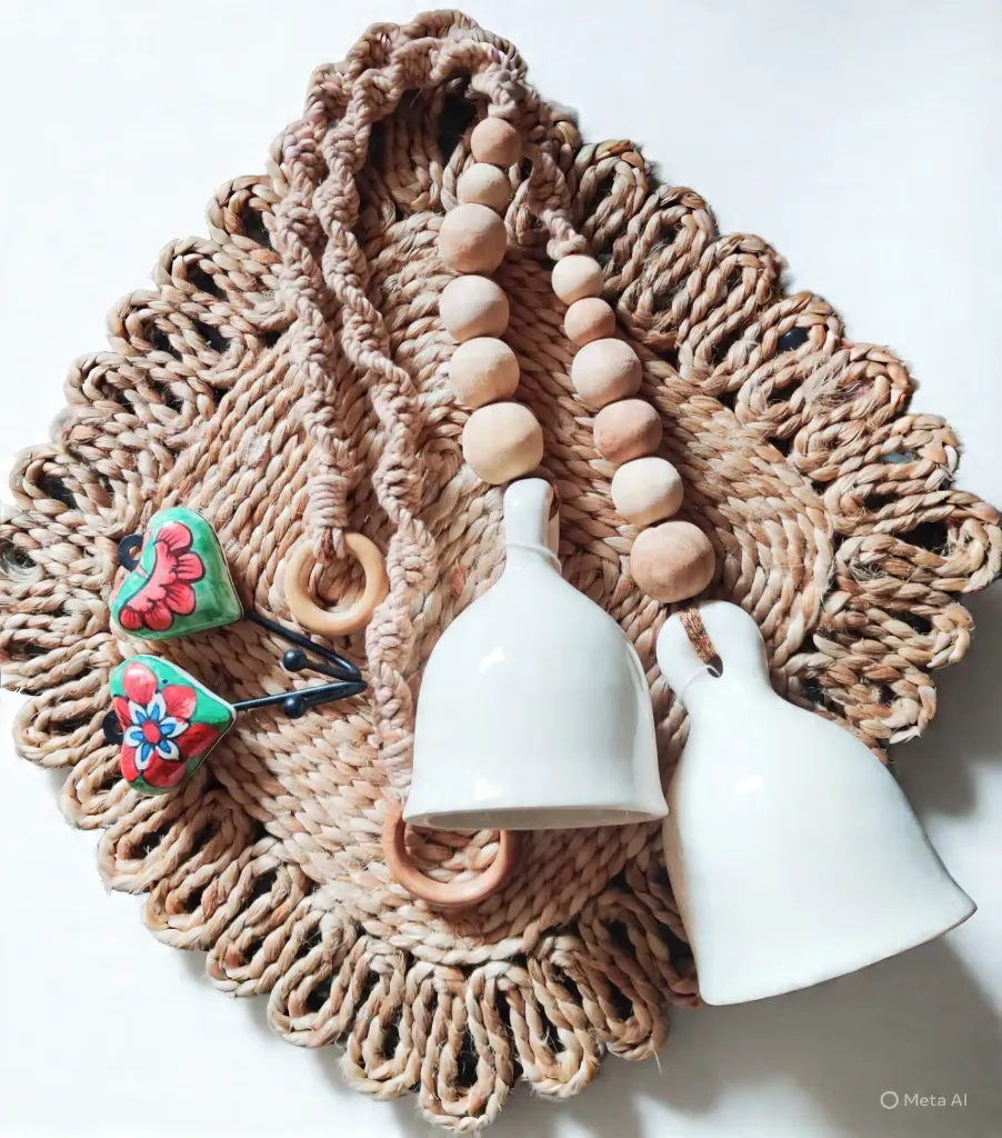 Macramé Bell Ornament – Cotton Rope with Wooden Beads & Ceramic Bell