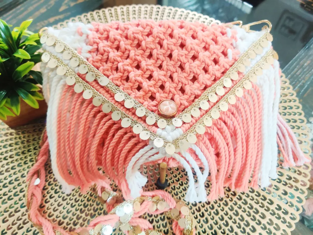 Handcrafted Macrame Clutch Bag– Pink & White with Golden Accents