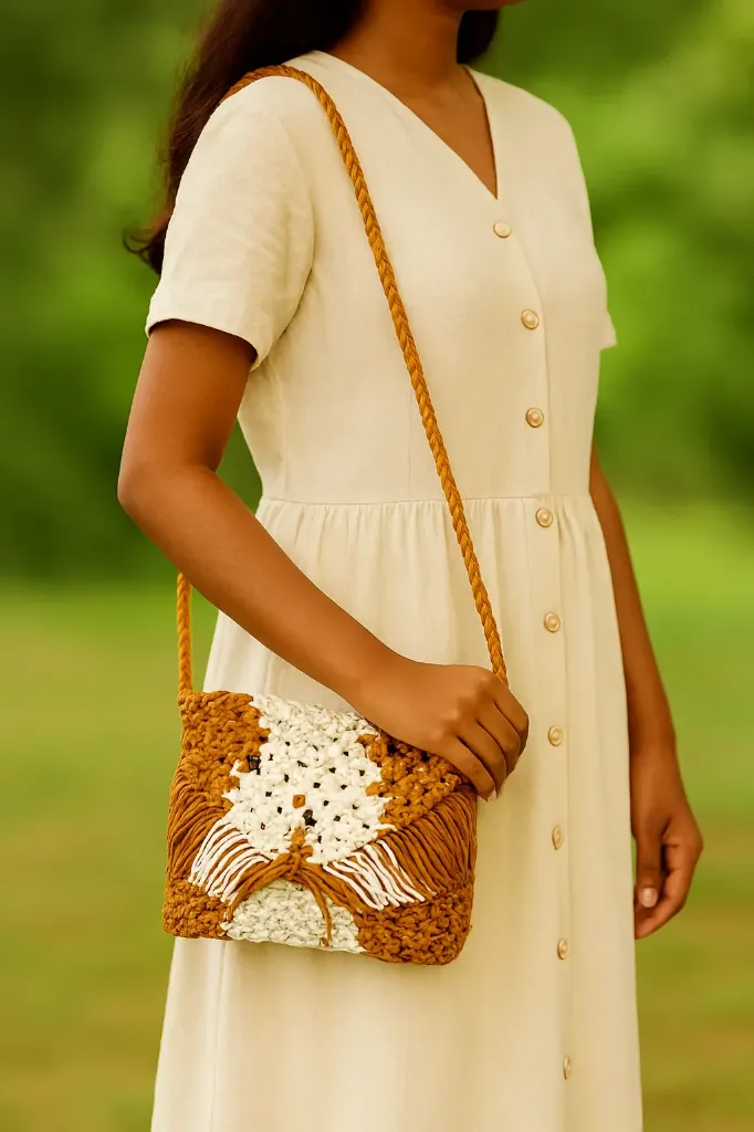 Handcrafted Macramé Crossbody Bag – Earth & White