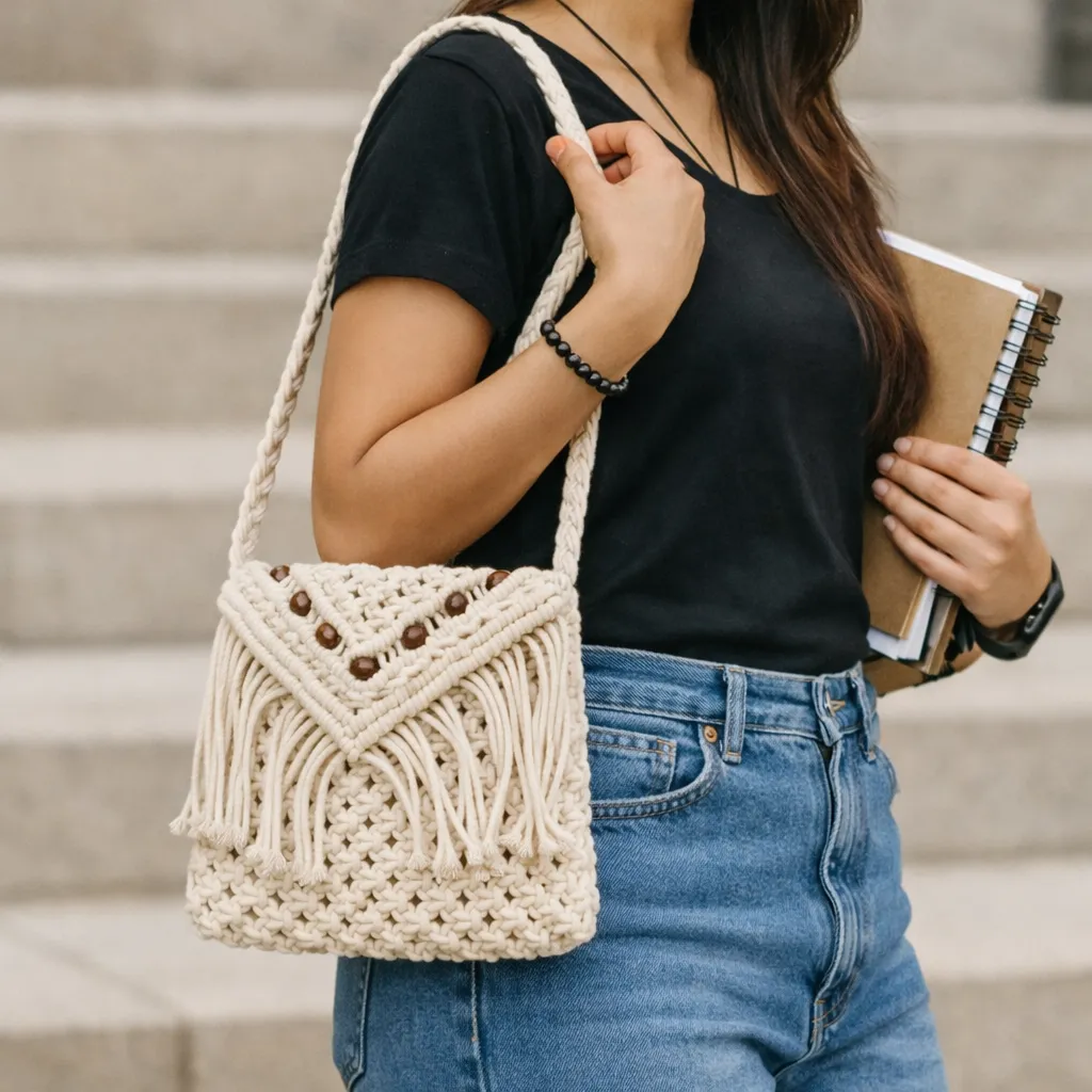 Handcrafted Macrame Sling Bag -White