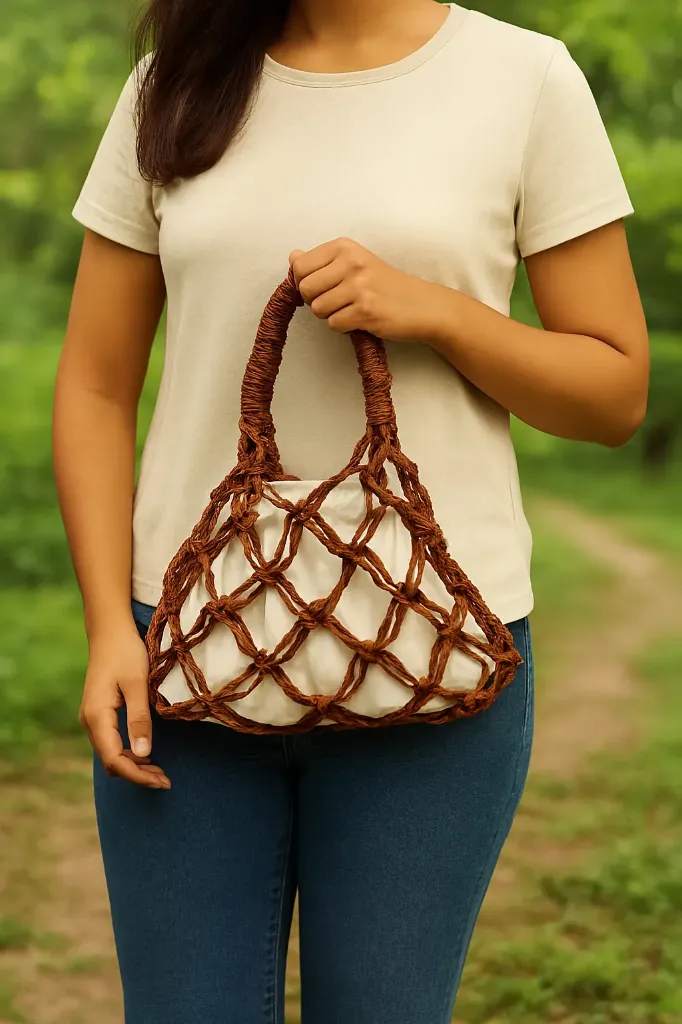 Handmade Macramé Bag – Brown Cord with White