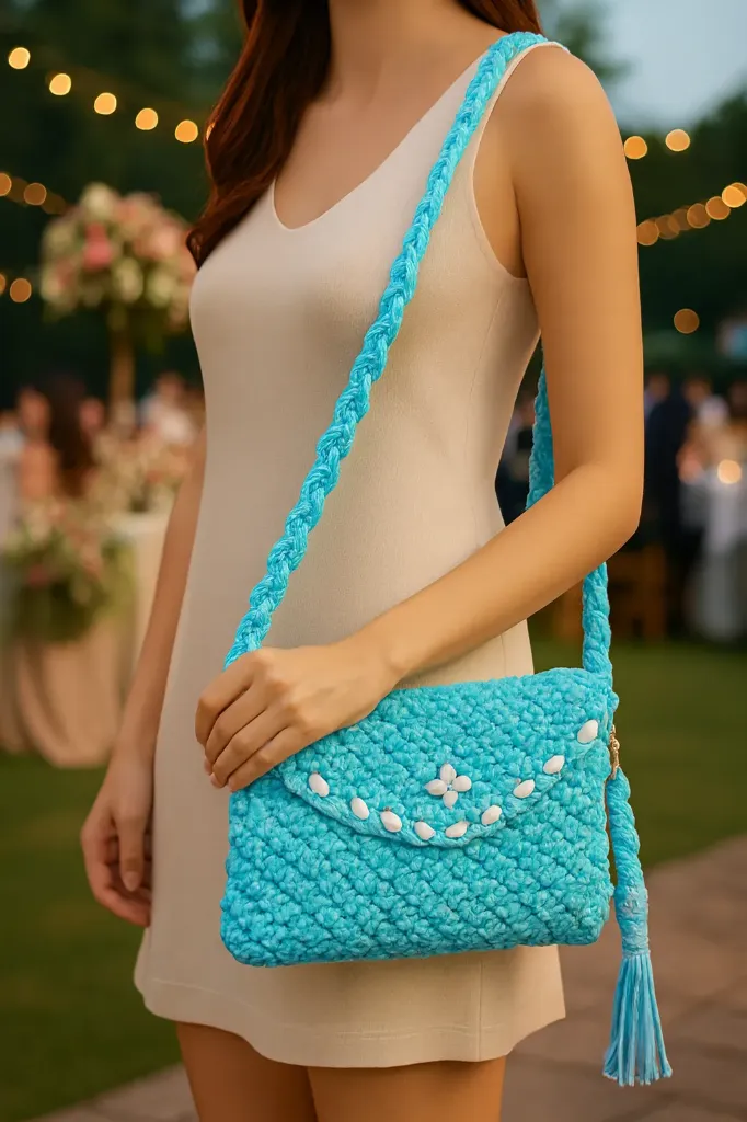 Handmade Turquoise Macramé Shoulder Bag with Beaded Strap – Boho Chic Cotton Cord Purse for Women