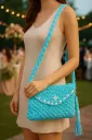 Handmade Turquoise Macramé Shoulder Bag with Beaded Strap – Boho Chic Cotton Cord Purse for Women